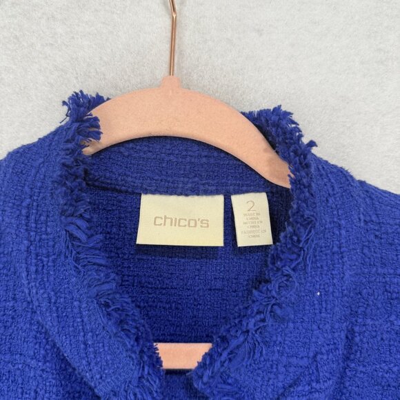 Chicos Jacket Womens 2 Blue Textured Fringe Open Front Pockets Casual Boho Coat - Picture 2 of 8